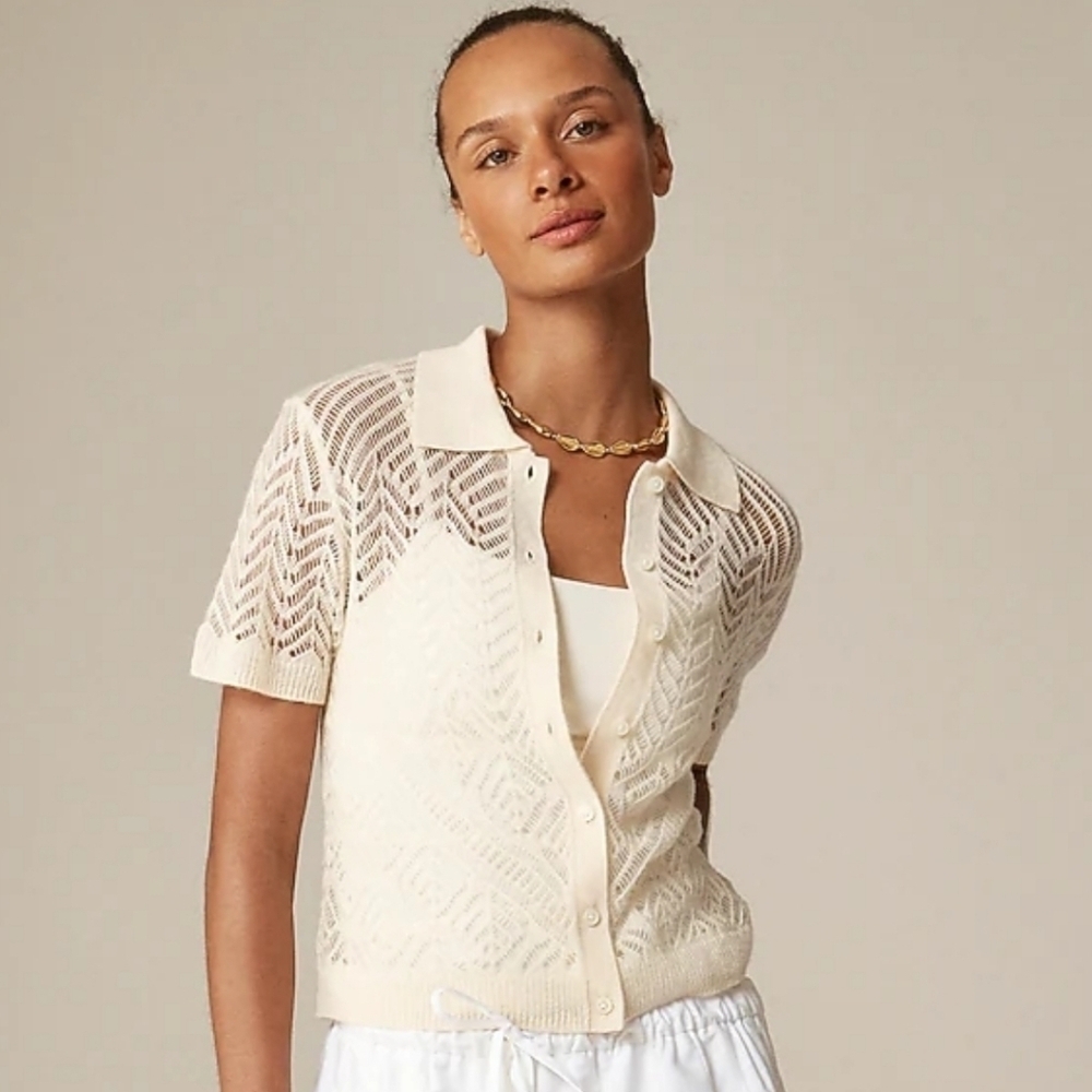 New! J. Crew Cashmere Sheer Pointelle Button-up Short Sleeve Cardigan